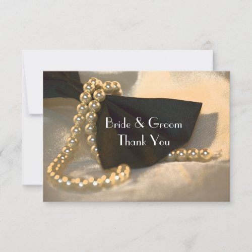 Black Bow Tie Pearls Wedding Flat Thank You Note Invitation