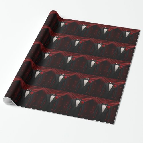Black Bow Tie with Red Rose Tuxedo Wrapping Paper