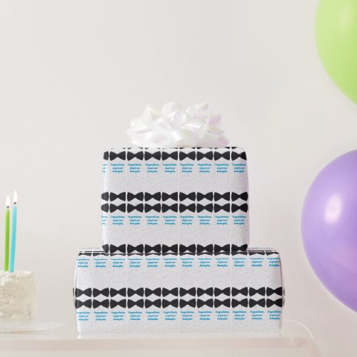 Black Bow Ties on White with Blue Baby Boy Text   Wrapping Paper