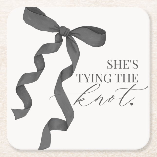 Black Bow Tying the Knot Bridal Shower Decor Square Paper Coaster (Front)