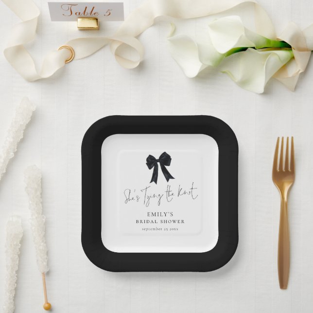 Black Bow Tying The Knot Bridal Shower Paper Plates (Wedding)