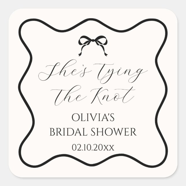 Black Bow Tying the Knot Bridal Shower Square Sticker (Front)