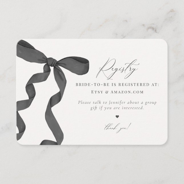 Black Bow Tying the Knot Registry Invite insert (Front)