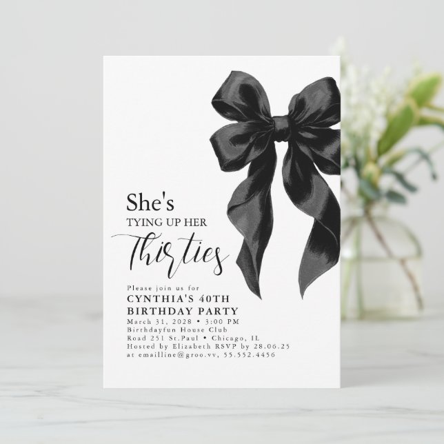 Black Bow Tying Up Her Thirties 40Th Birthday Invitation (Standing Front)
