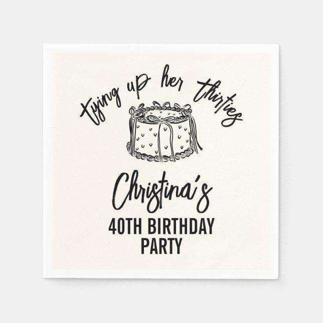 Black Bow Tying Up Her Thirties 40th Birthday Napkins (Front)