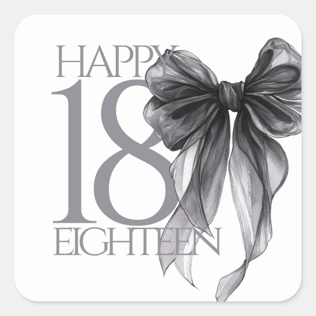 Black Bow Watercolor 18th Birthday Square Sticker (Front)