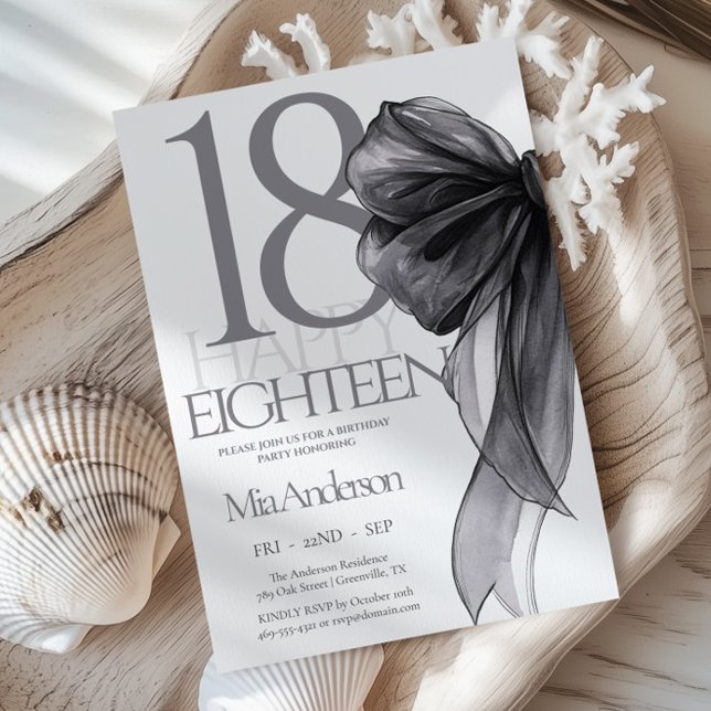 Black Bow Watercolor Birthday 18th  Invitation (Creator Uploaded)