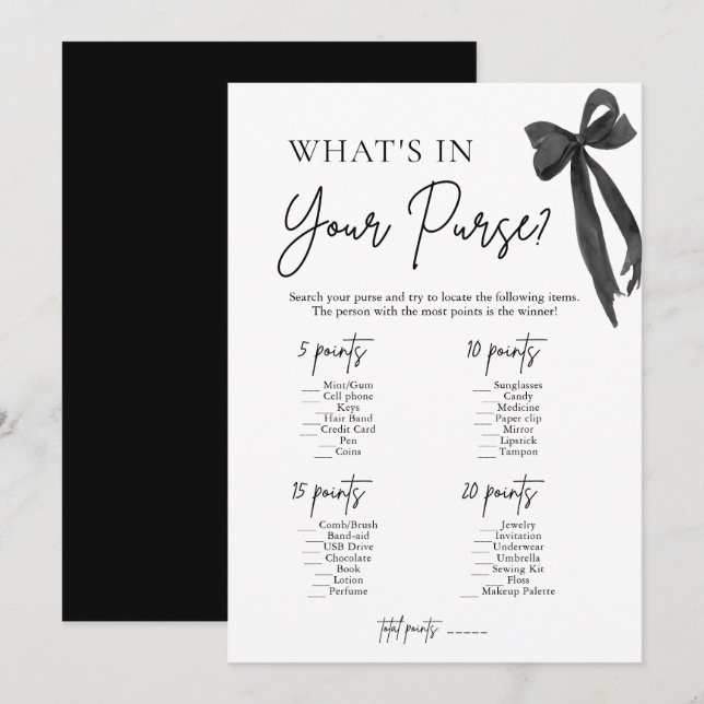 Black Bow What's In Your Purse Bridal Shower Game Invitation (Front/Back)