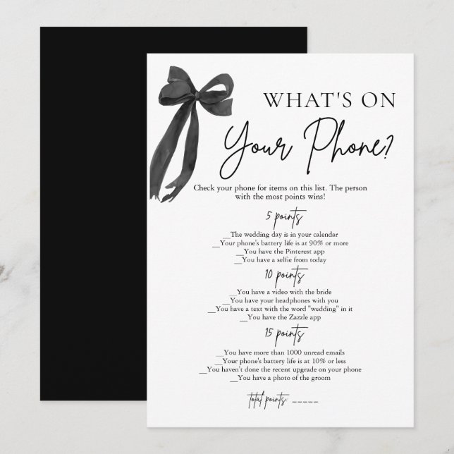 Black Bow What's On Your Phone Bridal Shower Game Invitation (Front/Back)