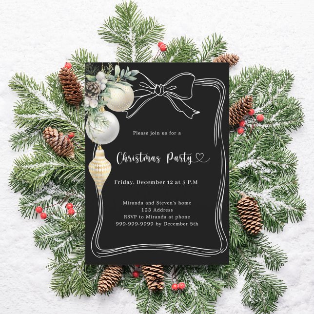 Black bow white baubles hand-drawn Christmas Party Invitation (Creator Uploaded)