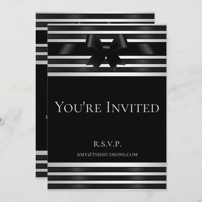 Black Bow White Stripes New Year's Eve Invitation (Front/Back)