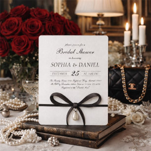 Black Bow With Pearl Old Money Style Bridal Shower Invitation