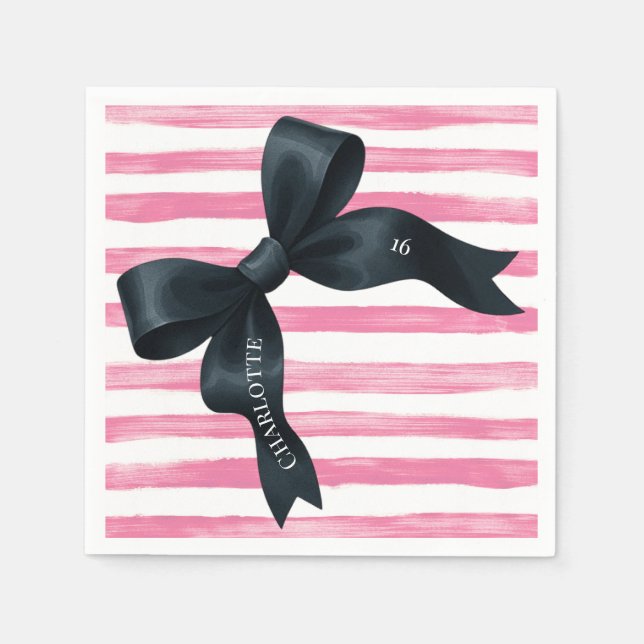 Black Bow with Pink White Stripe Birthday Cocktail Napkins (Front)