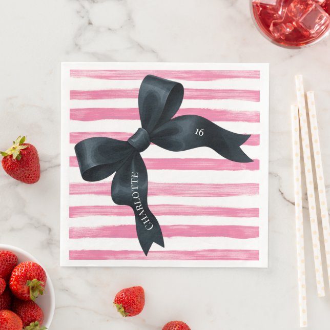 Black Bow with Pink White Stripe Birthday Paper Dinner Napkins (Insitu)