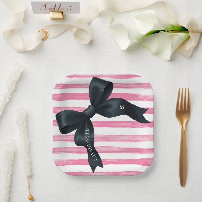 Black Bow with Pink White Stripe Birthday Paper Plates (Wedding)