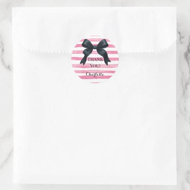 Black Bow with Pink White Stripe Custom Classic Round Sticker (Bag)