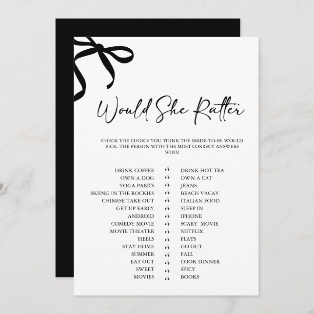 Black Bow Would She Rather Bridal Shower Game Invitation (Front/Back)