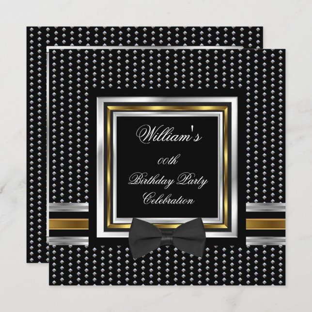 Black Bowtie Gold Silver Studs Birthday Party Invitation (Front/Back)