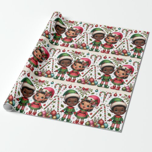 Black Boy and Girl Elves Christmas Wrapping Paper