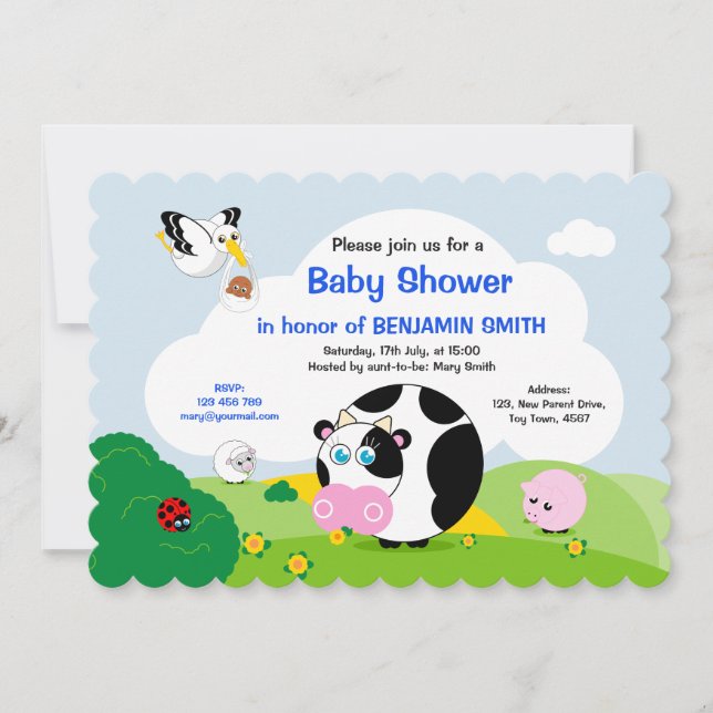 Black boy Baby Shower: Cute black and white cow, Invitation (Front)