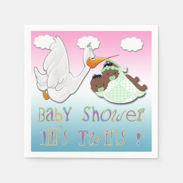 Black Boy & Girl Twins  - Stork Baby Shower Paper Paper Napkins (Front)