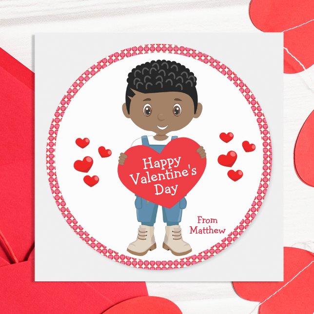 Black Boy Happy Valentine's Day Classic Round Sticker (Creator Uploaded)