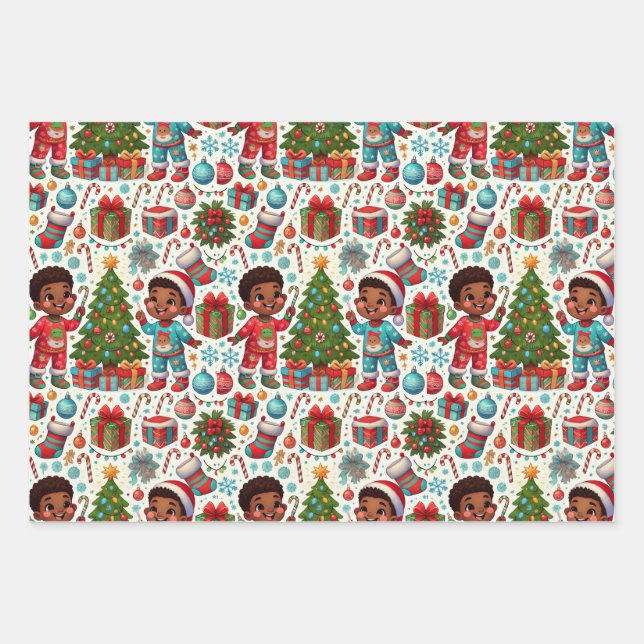Black Boy Holiday Joy Gift Wrapping Wrapping Paper Sheets (Front 3)