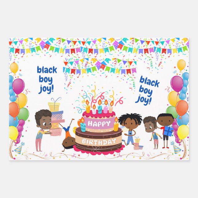 Black Boy Joy Birthday Wrapping Paper Sheets (Front)