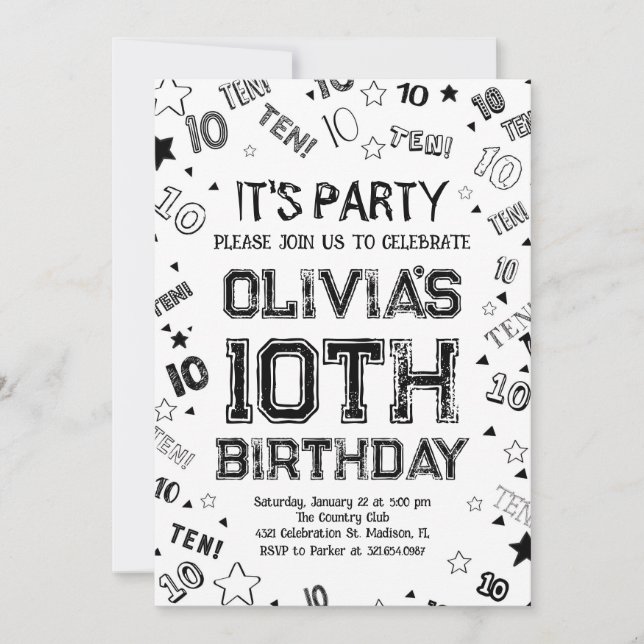 Black Boy Number Ten Birthday Party Invitation (Front)