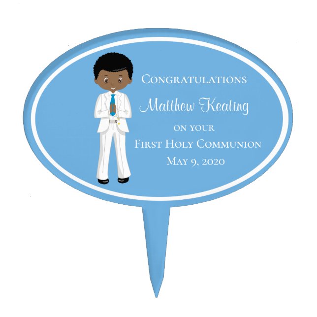 Black Boy Personalized First Holy Communion Cake Topper (Front)