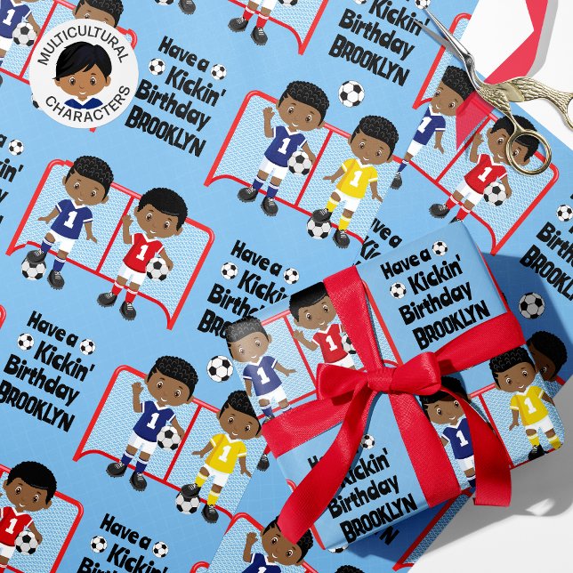 Black Boy Soccer Birthday Personalized  Wrapping Paper (Creator Uploaded)