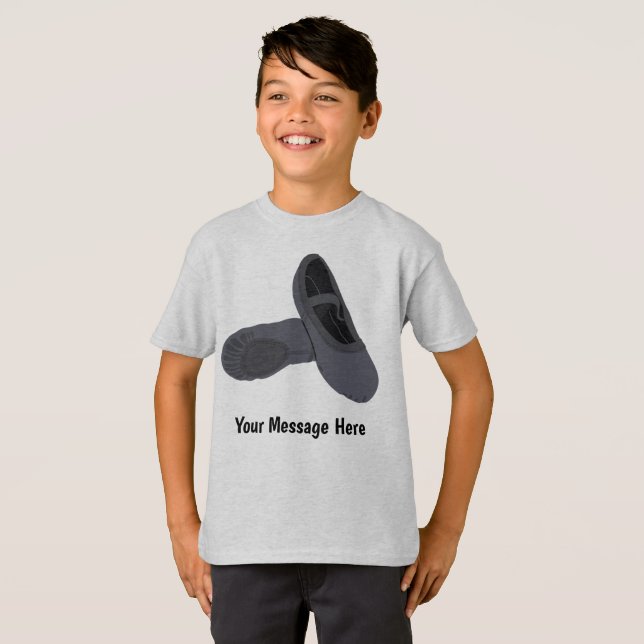 Black Boys Ballet Shoes Personalized Message T-Shirt (Front Full)