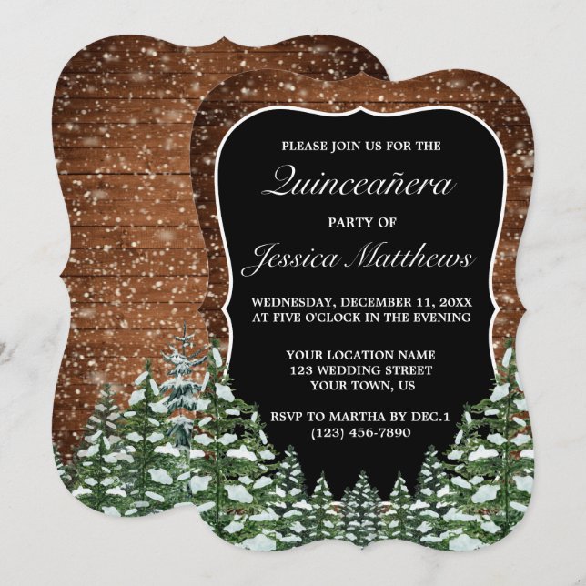 Black Bracket Snowy Forest & Wood Pine Quinceañera Invitation (Front/Back)
