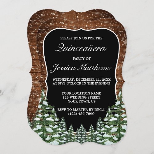 Black Bracket Snowy Forest  Wood Pine Quinceaera Invitation