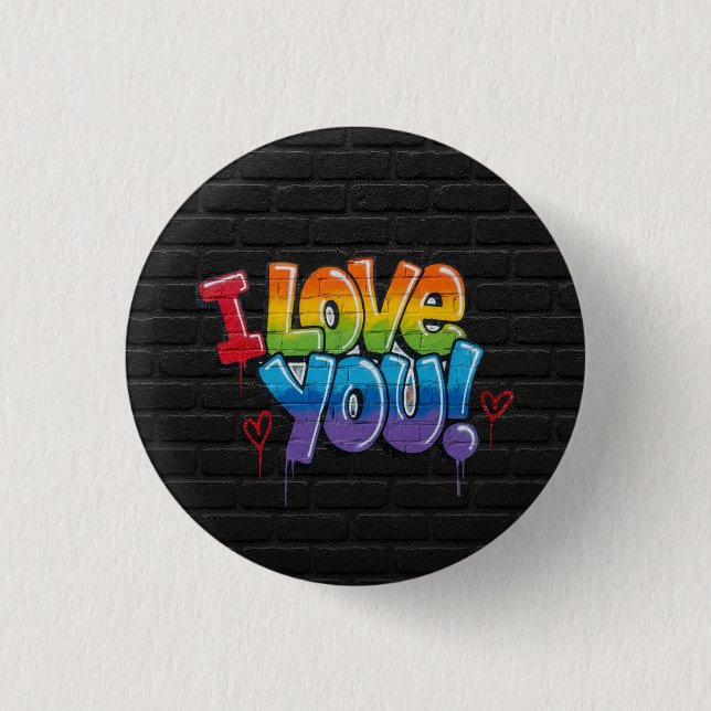 Black Brick Wall with Graffiti “I Love You!” Button (Front)