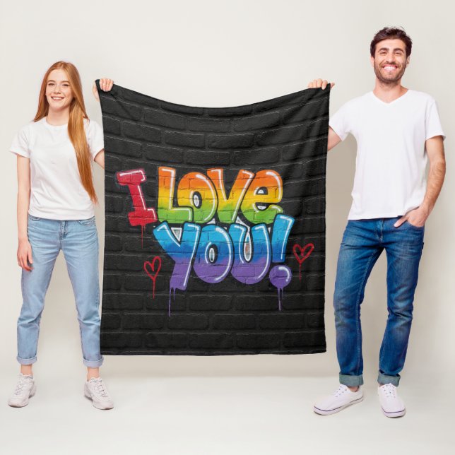 Black Brick Wall with Graffiti “I Love You!” Fleece Blanket (In Situ)