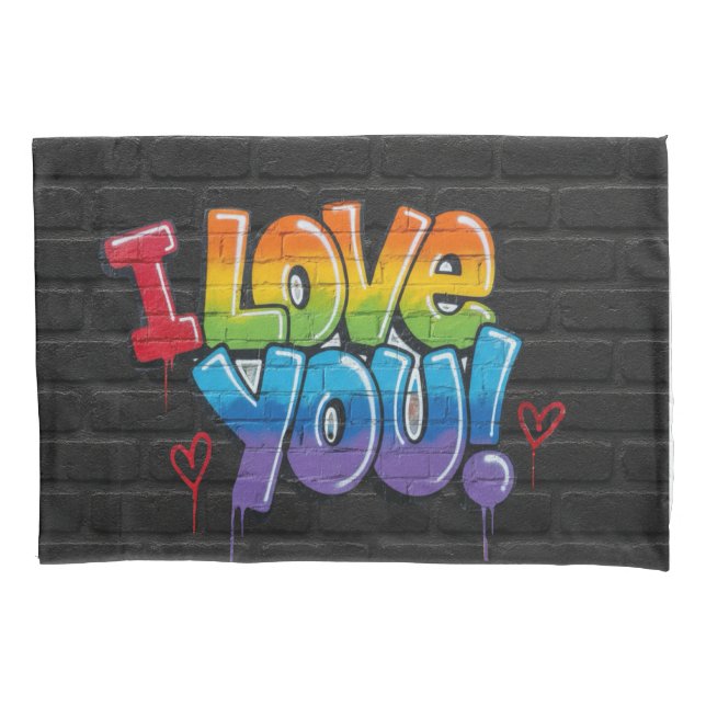 Black Brick Wall with Graffiti “I Love You!” Pillow Case (Front)