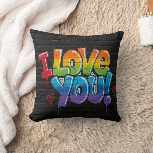Black Brick Wall with Graffiti “I Love You!” Throw Pillow (Blanket)