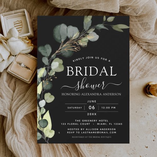 Black Bridal Shower Botanical Eucalyptus Boho Invitation