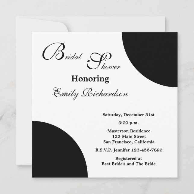 Black Bridal Shower Invitation -- Black on White (Front)