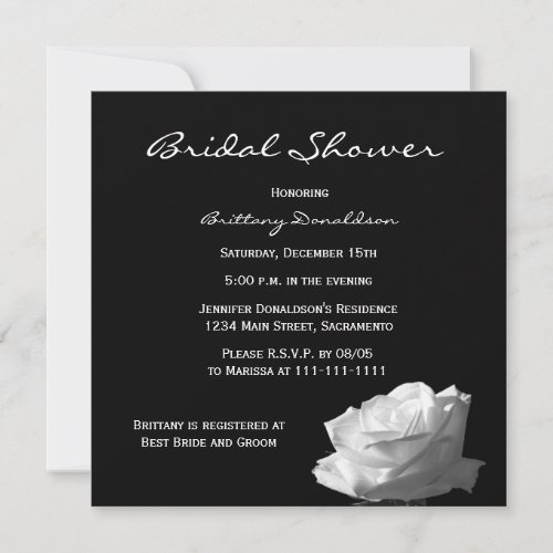 Black Bridal Shower Invitation, Black &amp; White Rose