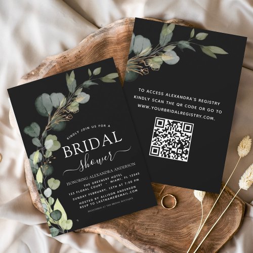 Black Bridal Shower QR Code Eucalyptus Invitation