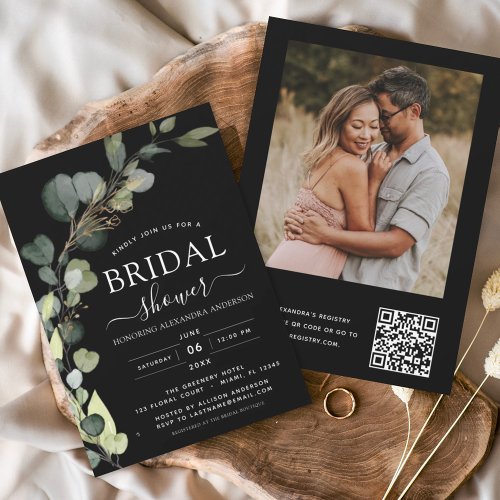 Black Bridal Shower QR Code Photo Eucalyptus  Invitation