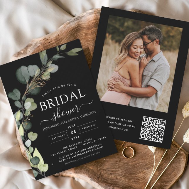 Black Bridal Shower QR Code Photo Eucalyptus  Invitation (Creator Uploaded)