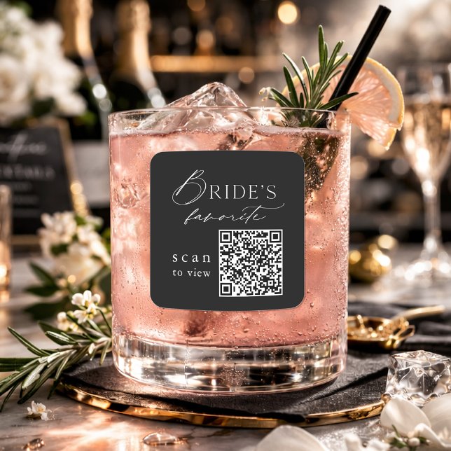 Black “Bride’s Favorite” QR Code Wedding Drink  Square Sticker (Creator Uploaded)