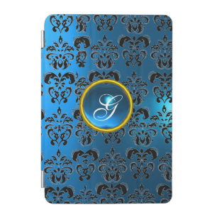 BLACK BRIGHT BLUE DAMASK GEM MONOGRAM iPad MINI COVER
