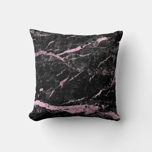 Black Bright Pink Rose Gold Abstract Marble Glam Throw Pillow (Front)
