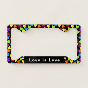 Black Bright Rainbow Hearts Love is Love  License Plate Frame