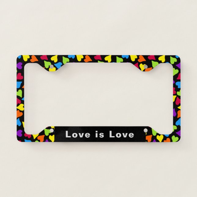 Black Bright Rainbow Hearts Love is Love  License Plate Frame (Front)