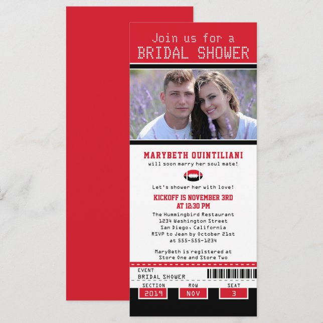 Black Bright Red Football Ticket Bridal Shower Invitation (Front/Back)